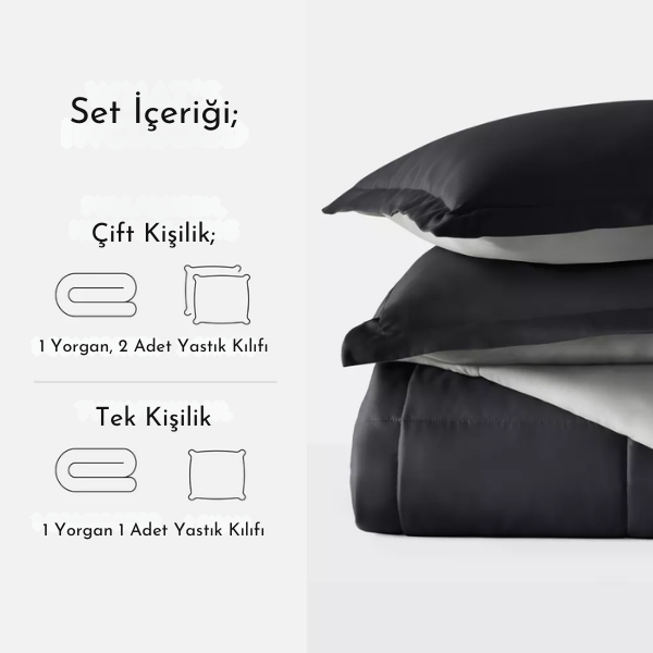 Pamuklu Lüks Çift Taraflı Çift Kişilik Yorgan | Gri Siyah 195x215cm