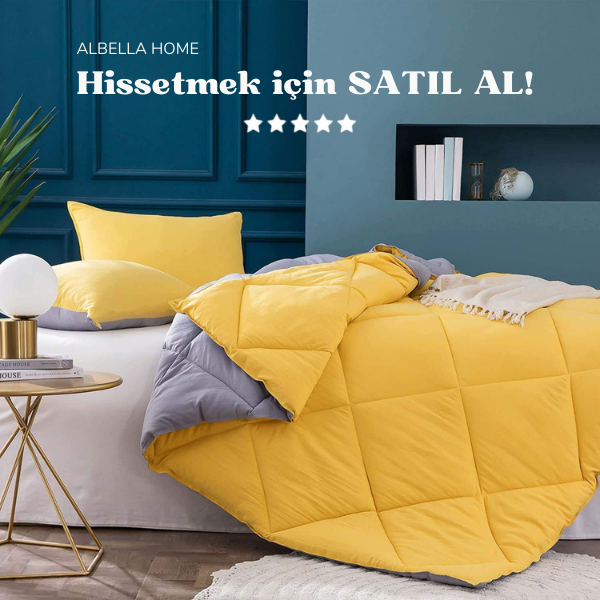 Pamuklu Lüks Çift Taraflı Çift Kişilik Yorgan | Sarı Gri 195x215cm