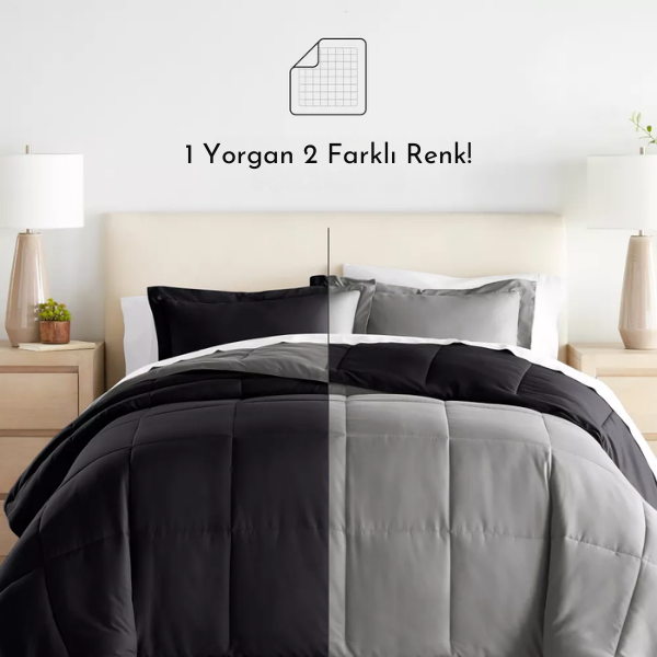 Pamuklu Lüks Çift Taraflı Çift Kişilik Yorgan | Gri Siyah 195x215cm