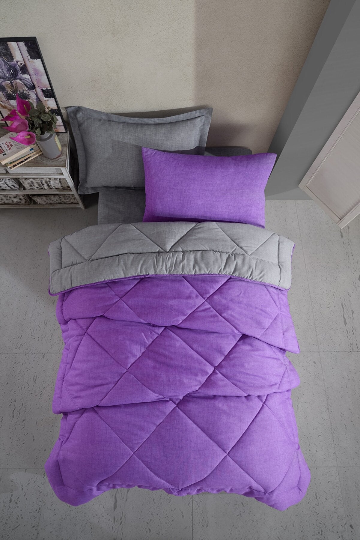 Pamuklu Lüks Çift Taraflı Tek Kişilik Yorgan | Mor Gri 155x215cm