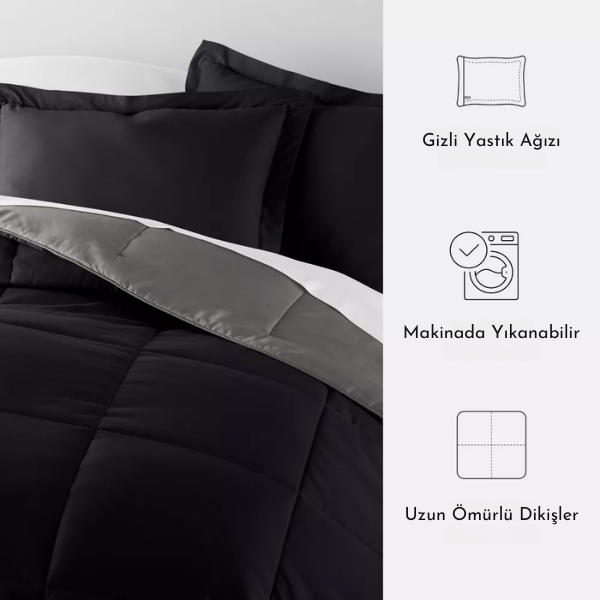 Pamuklu Lüks Çift Taraflı Çift Kişilik Yorgan | Gri Siyah 195x215cm