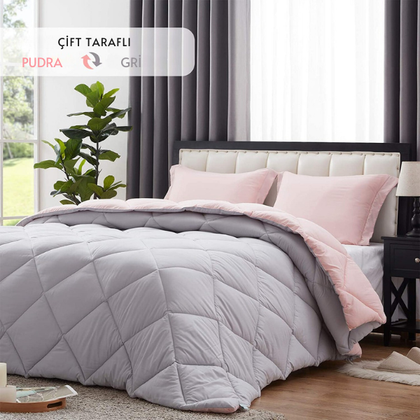 Pamuklu Lüks Çift Taraflı Çift Kişilik Yorgan | Pudra Gri 195x215cm