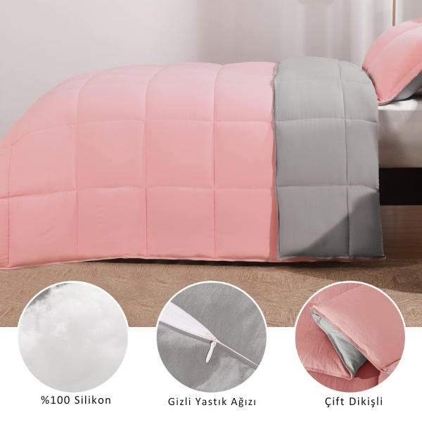 Pamuklu Lüks Çift Taraflı Çift Kişilik Yorgan | Pudra Gri 195x215cm