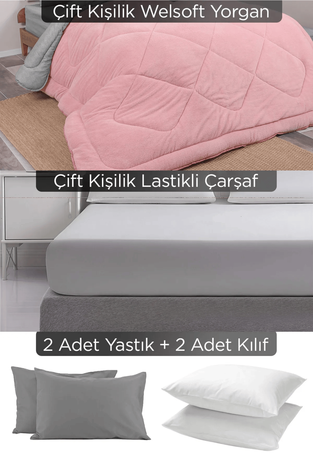 Çift Kişilik Özel Çantalı 6 Parça Pudra Wellsoft Yorgan Seti | Lastikli Çarşaf, 2 Yastık, 2 Kılıf