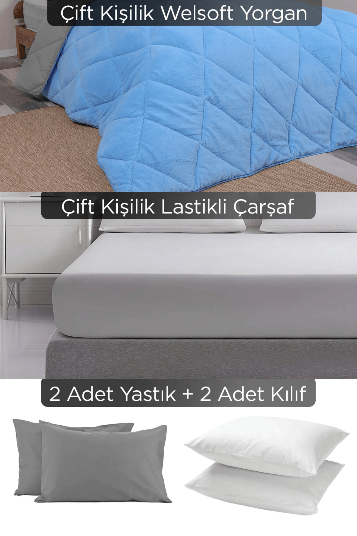 Çift Kişilik Özel Çantalı 6 Parça Mavi Wellsoft Yorgan Seti | Lastikli Çarşaf, 2 Yastık, 2 Kılıf