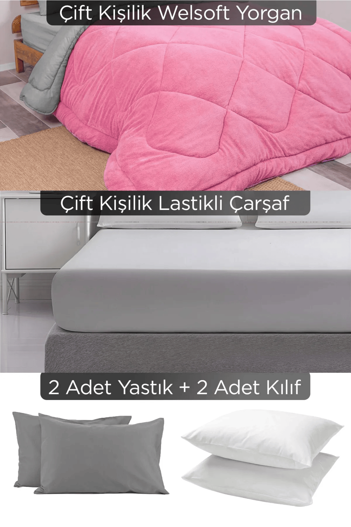 Çift Kişilik Özel Çantalı 6 Parça Pembe Wellsoft Yorgan Seti | Lastikli Çarşaf, 2 Yastık, 2 Kılıf