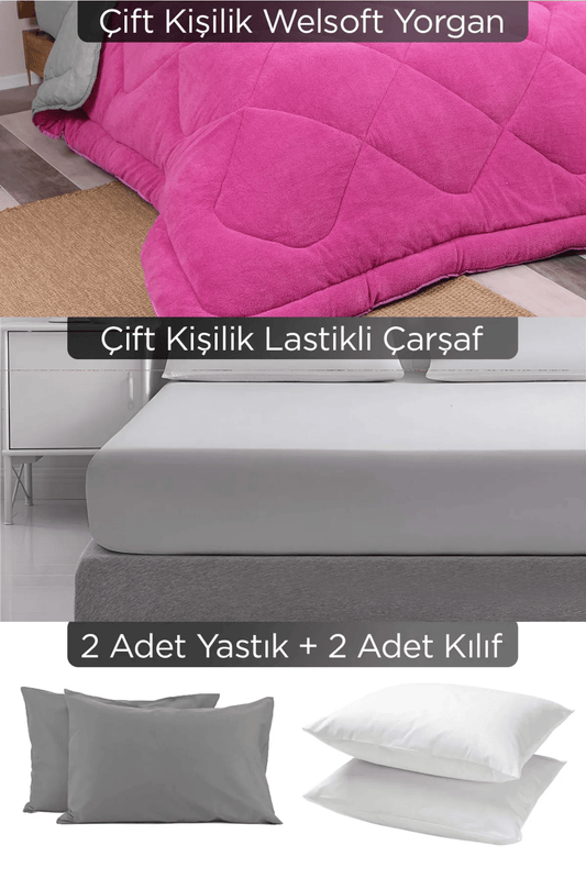 Çift Kişilik Özel Çantalı 6 Parça Fuşya Wellsoft Yorgan Seti | Lastikli Çarşaf, 2 Yastık, 2 Kılıf