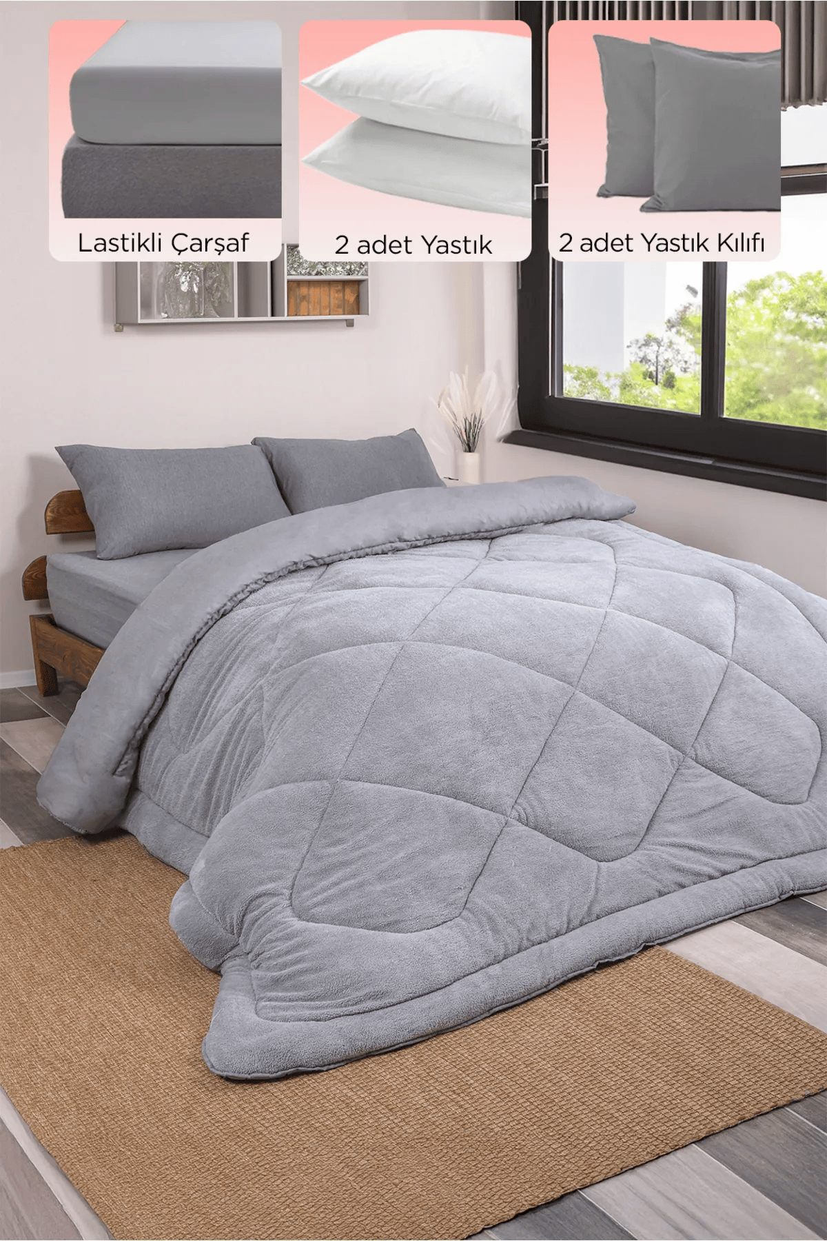 Çift Kişilik Özel Çantalı 6 Parça Gri Wellsoft Yorgan Seti | Lastikli Çarşaf, 2 Yastık, 2 Kılıf