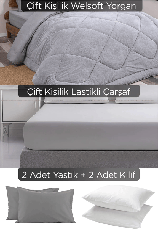 Çift Kişilik Özel Çantalı 6 Parça Gri Wellsoft Yorgan Seti | Lastikli Çarşaf, 2 Yastık, 2 Kılıf