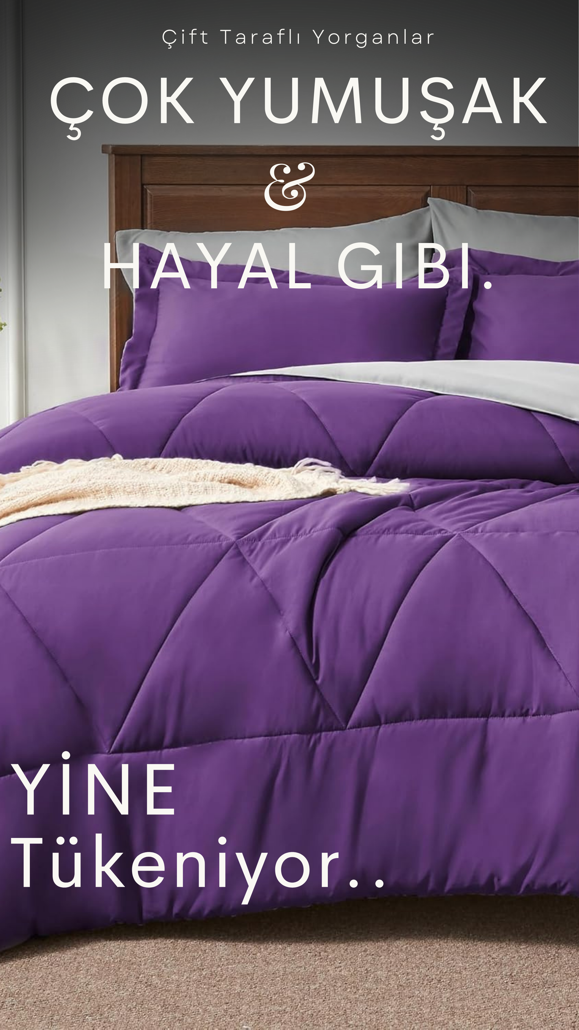 Pamuklu Lüks Çift Taraflı Çift Kişilik Yorgan | Mor Gri 195x215cm