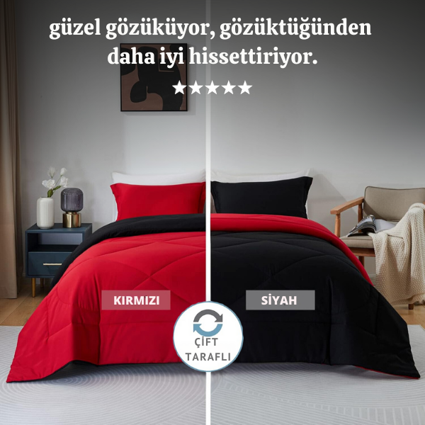 Pamuklu Lüks Çift Taraflı Çift Kişilik Yorgan | Kırmızı Siyah 195x215cm