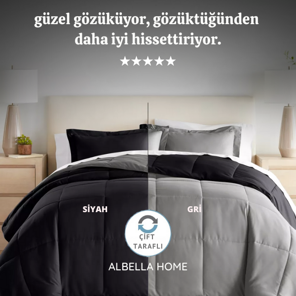 Pamuklu Lüks Çift Taraflı Çift Kişilik Yorgan | Gri Siyah 195x215cm