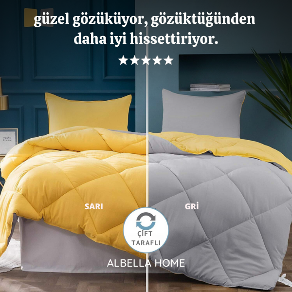 Pamuklu Lüks Çift Taraflı Çift Kişilik Yorgan | Sarı Gri 195x215cm
