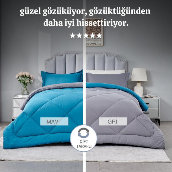 Pamuklu Lüks Çift Taraflı Çift Kişilik Yorgan | Mavi Gri 195x215cm
