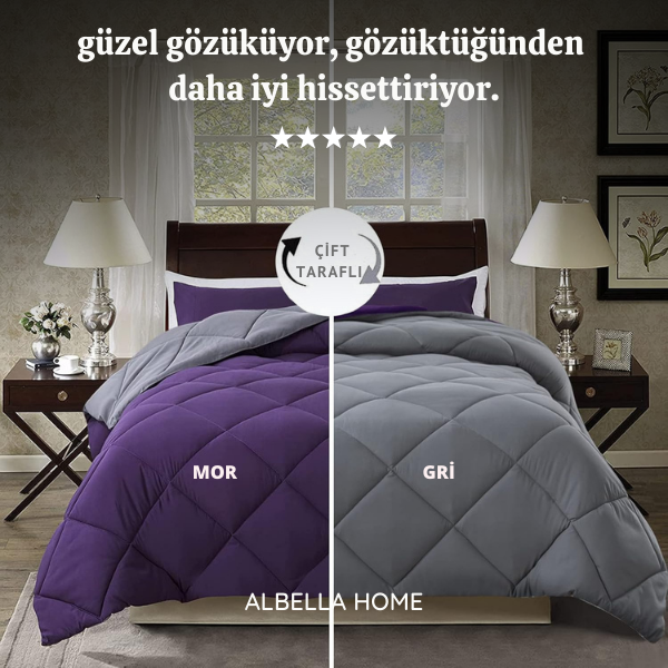 Pamuklu Lüks Çift Taraflı Çift Kişilik Yorgan | Mor Gri 195x215cm