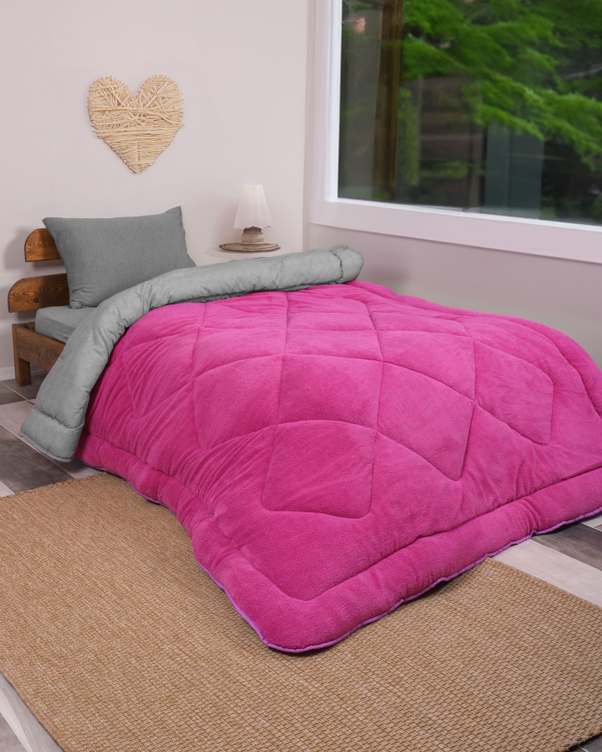 Wellsoft Tek Kişilik Yorgan | Fuşya Gri 155x215cm